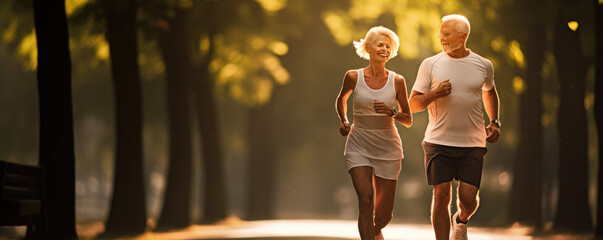 Happy and healthy looking senior couple is joging in the amazing park. Active retirement concept. Stay healthy