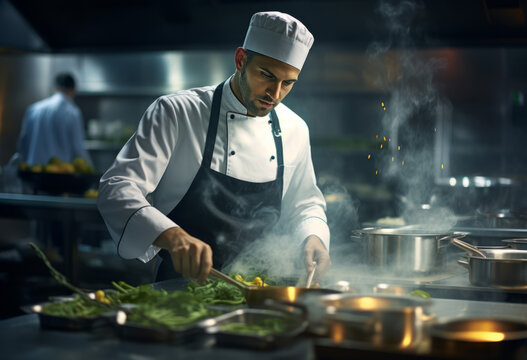 Sizzling Kitchen Ambiance, modern kitchen workspace, where chef's are delicately prepping a mix of meats and fresh green veggies