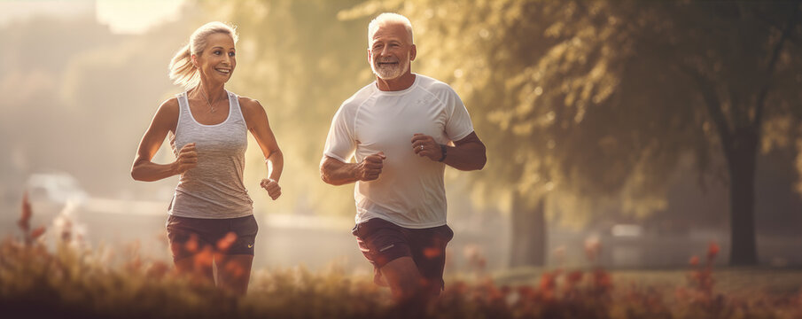 Happy and healthy looking senior couple is joging in the amazing park. Active retirement concept. Stay healthy