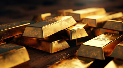 Close-up of gold bars depicting economic prosperity and market indicators, Generative AI