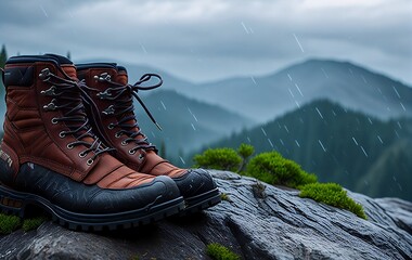Comfortable hiking Pair of boots on a rock against backdrop of rainy day in mountain created with generative Ai