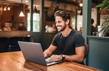 Obraz premium Man using a laptop at the bar. Portrait happy man in concentration working online. 