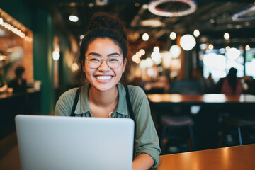 Fototapeta premium Woman using a laptop at the bar. Portrait happy woman in concentration working online. 