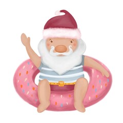santa claus is on vacation, santa in a swimming circle is swimming in the sea, new year in hot countries, santa claus on a pink circle