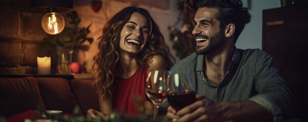 Fototapeta na wymiar Happy young couple sitting on a sofa and drinking wine, enjoying their time together. A couple in love