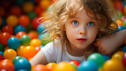 Obraz na płótnie Canvas Happy little girl having fun in ball pit in kids indoor play center. Child playing with colorful balls in playground ball pool.