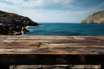 wood deck or table on the beach with blue water