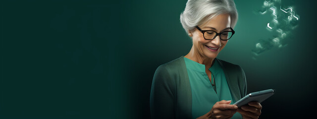 Image of adult mature woman with grey white hair holding cellphone