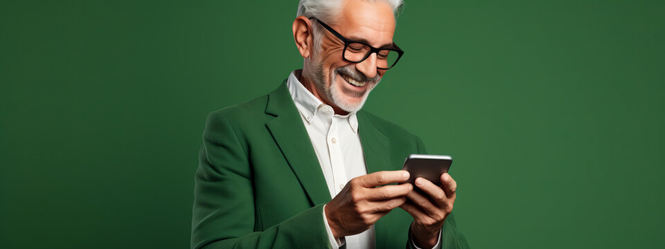 Image of adult mature man with grey white hair holding cellphone