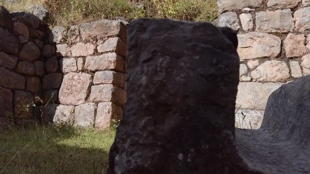 A Closeup View of Cusilluchayoc El Templo de Los Monos in Cusco District, Peru - Pan Right