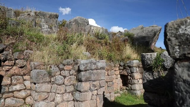 A Spectacular View of Cusilluchayoc El Templo de Los Monos in Cusco District, Peru - Aerial Pan Right