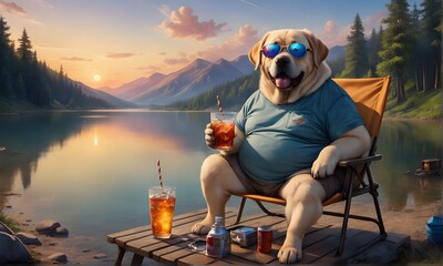 Adorable fat Labrador dog sitting on a camping chair with a glass of soda (JPG 300Dpi 12000x7200)