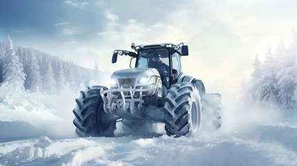 Foto op Canvas Powerful Tractor in Winter Landscape Among Snow-Covered Trees © Nick Alias