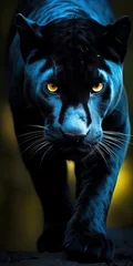 Foto op Plexiglas Close-Up of Black Panther's Face in Jungle with Yellow Eyes © Nick Alias