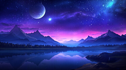 Beautiful fantasy starry night sky, blue and purple colorful, galaxy and aurora 4k wallpaper
