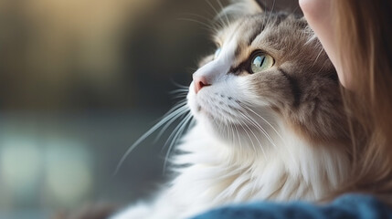 A mesmerizing shot of a cat gazing at its owner with affectionate eyes, Pets with owners, with copy space