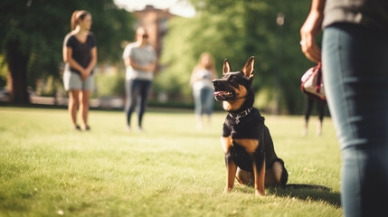 A snapshot of a dog owner engaged in a training session with their obedient pup, Pets with owners, with copy space