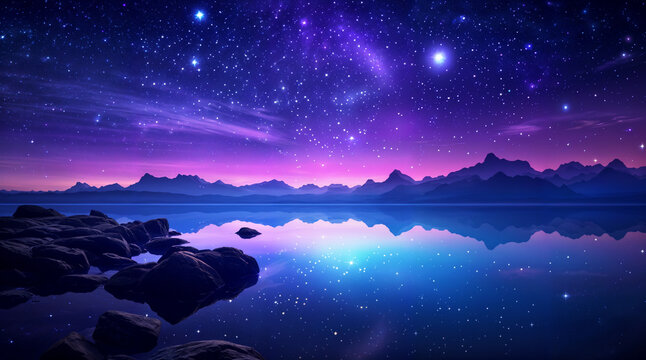 Fototapeta Beautiful fantasy starry night sky, blue and purple colorful, galaxy and aurora 4k wallpaper
