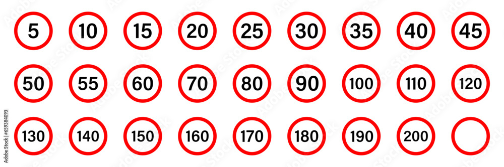 Poster speed limit sign. highway speed limit icon collection. speed limit vector signs collection
