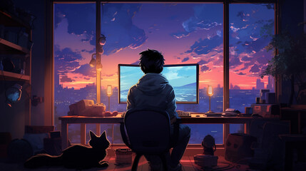 A gaming setup with a pet owner immersed in a video game, with their cat perched on the desk, Pets with owners, home
