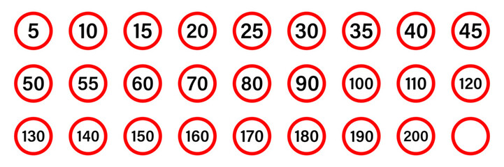 Speed limit sign. Highway speed limit icon collection. Speed limit vector signs collection