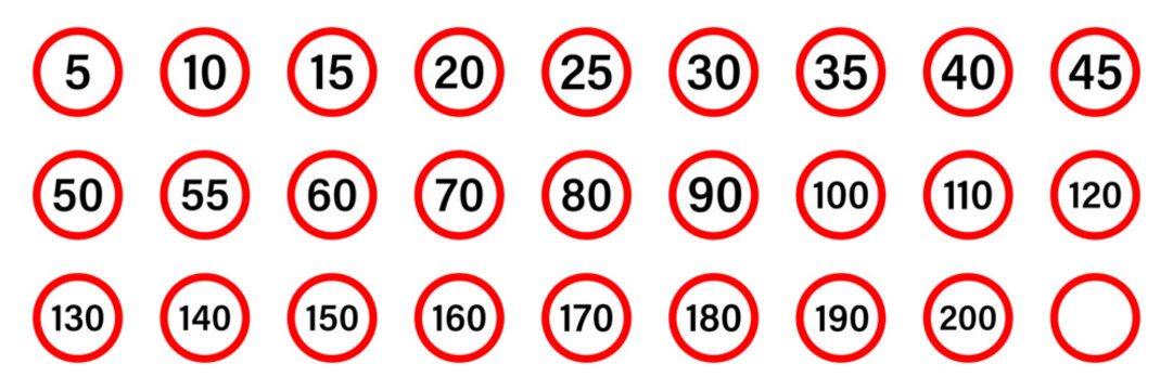 Speed limit sign. Highway speed limit icon collection. Speed limit vector signs collection