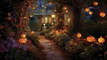 Pumpkin-Lined Path Through a Twilight Garden