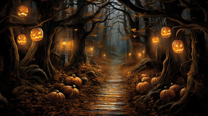 Pumpkin-Lined Path in a Enchanted Woods