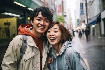 Young Beautiful couple laughs happily and walks through the streets of Tokyo