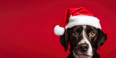 Close-up of an expressive dog wearing a Santa Claus hat on a red background with copy space