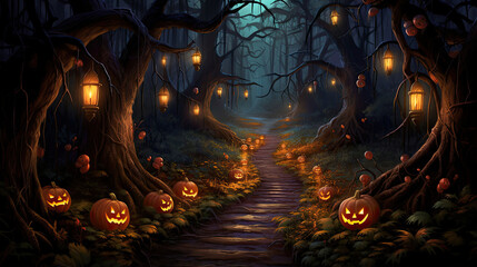 Pumpkin-Lined Path Through a Twilight Forest