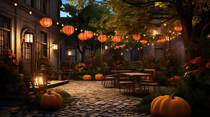 Pumpkin-Lined Courtyard Under a Harvest Moon