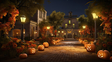 Pumpkin-Lined Courtyard Under a Harvest Moon