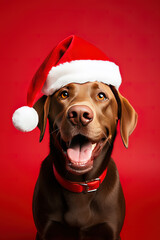 Close-up of an expressive dog wearing a Santa Claus hat on a red background