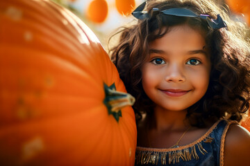 Happy girl with pumpkins for Thanksgiving in a pumpkin plantation.
