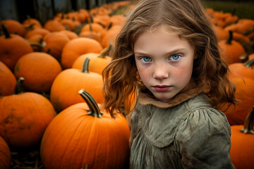 Happy girl with pumpkins for Thanksgiving in a pumpkin plantation.
