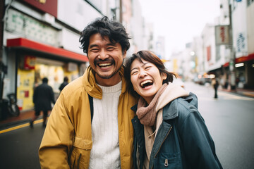 Young Beautiful couple laughs happily and walks through the streets of Tokyo