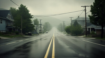 Fototapeta na wymiar 雨の日　郊外の小さな町のまっすぐ続く道