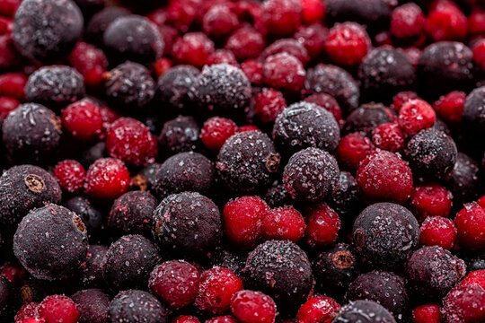 Frozen wild berries and fruits, blackcurrants and cranberry. Close-up.
