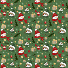 Vector Xmas seamless pattern with Christmas snowman and bear head, star, snowflake, decorations, star, noel tree and gift.
