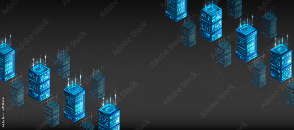 Poster Data cloud storage technology. Database and data center vector illustration. Cloud technology isometric background. Computer technology, server room, and equipment for internet networks.