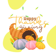 Thanksgiving colorful pumpkin in cornucopia instagram post vector illustration