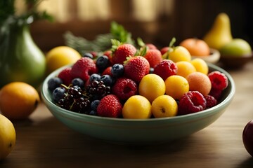 Food Photography - Delicious and Fresh Organic Fruit Bowl with Raspberry and Strawberry Variation