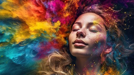 Holi festival day celebration, colorful illustration of beautiful girl covered in paint. Vibrant world of color and imagination.