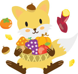 秋の収穫に喜ぶかわいい森のキツネ