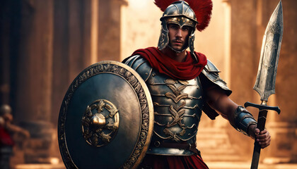 Roman male legionary (legionaries) wear helmet with crest, gladius spear and a scutum shield, heavy infantryman, realistic soldier of the army of the Roman Empire, on Rome background. Generative ai