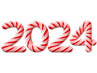 New Year 2024 in shape of candy stick isolated on white. Year number as striped holiday candies. Vector design element for christmas, new years day, sweet-stuff, winter holiday, new years eve, food