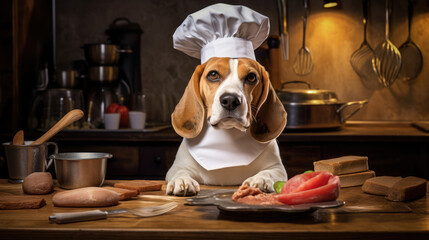 Cute beagle dog in chef's hat cooks in the kitchen