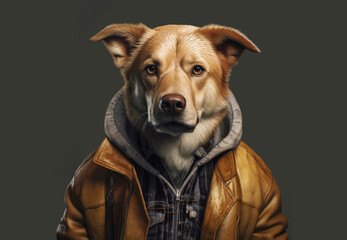 Anthropomorphic golden Labrador in a hoodie and a jacket