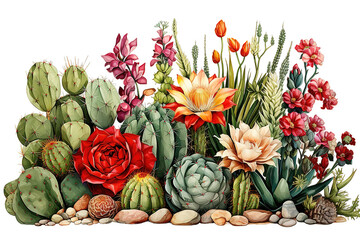 Set of cactus plants, succulents, 3D rendering. For digital composition, transparent PNG background. Generative Ai.	
